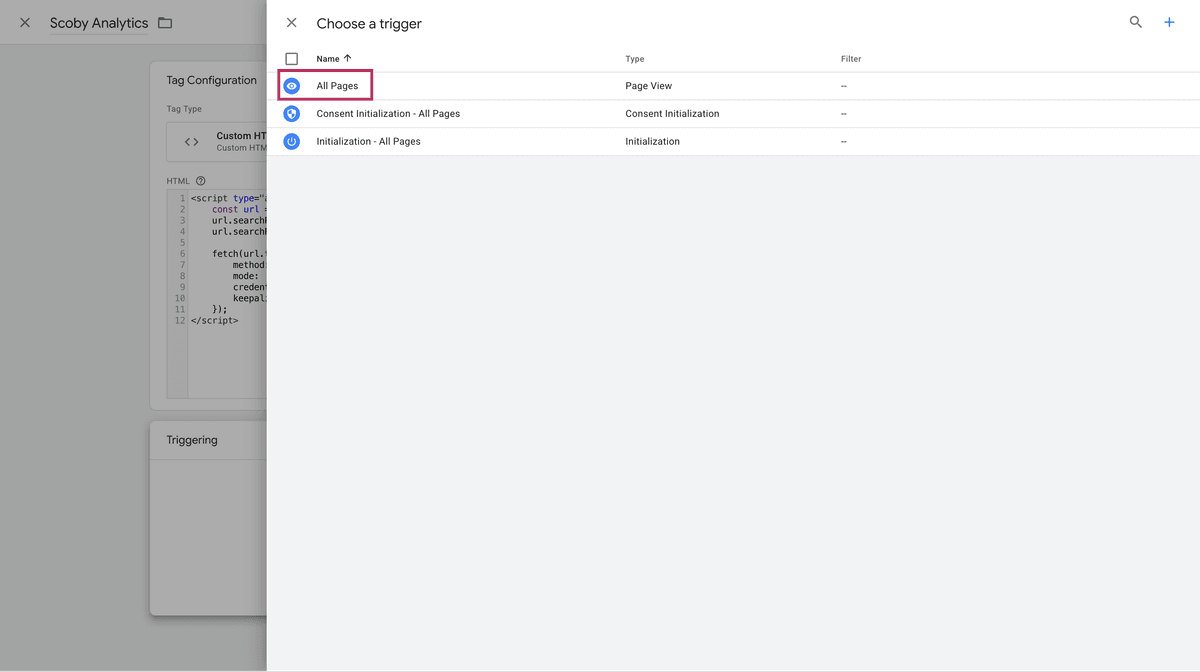 Select All Pages as the trigger type