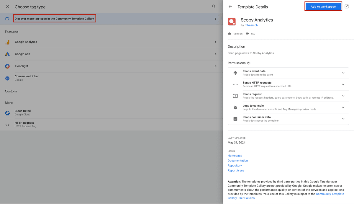 How to find the Scoby Analytics Template in Google Tag Manager Community Templates