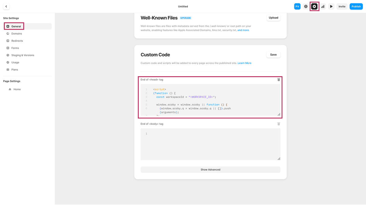 Paste the Scoby Analytics snippet into the Framer Header Code field