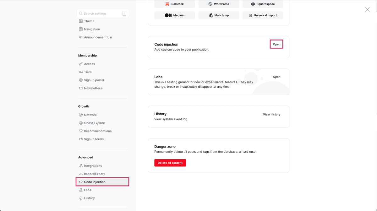 Open the Code Injection settings in Ghost Admin