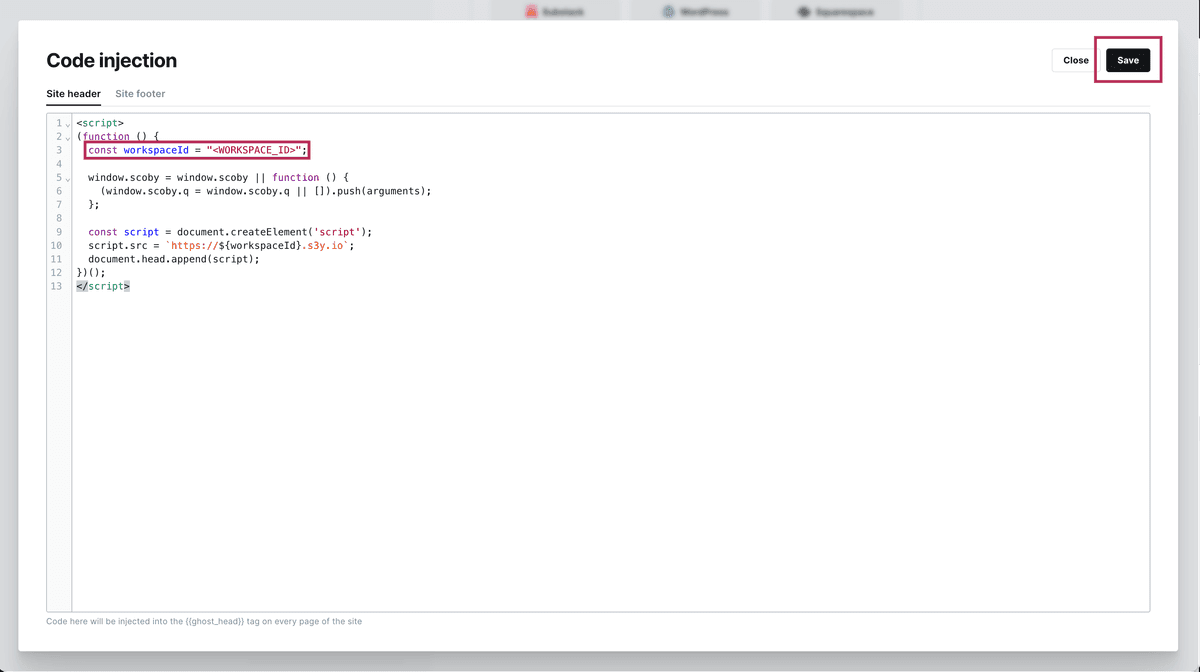 Paste the Scoby Analytics snippet into the Site Header field