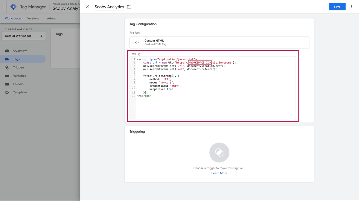 Insert the Scoby Analytics snippet into the Custom HTML field