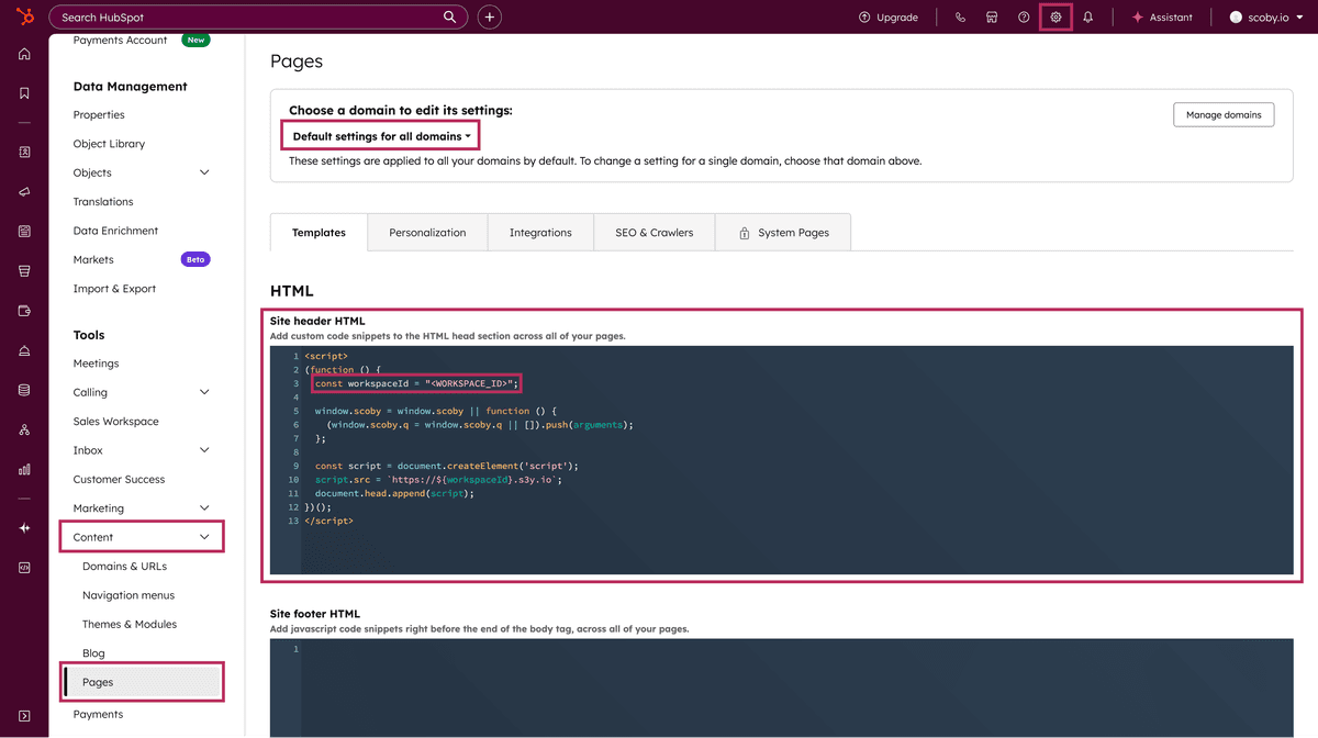 Open Site header HTML in HubSpot settings