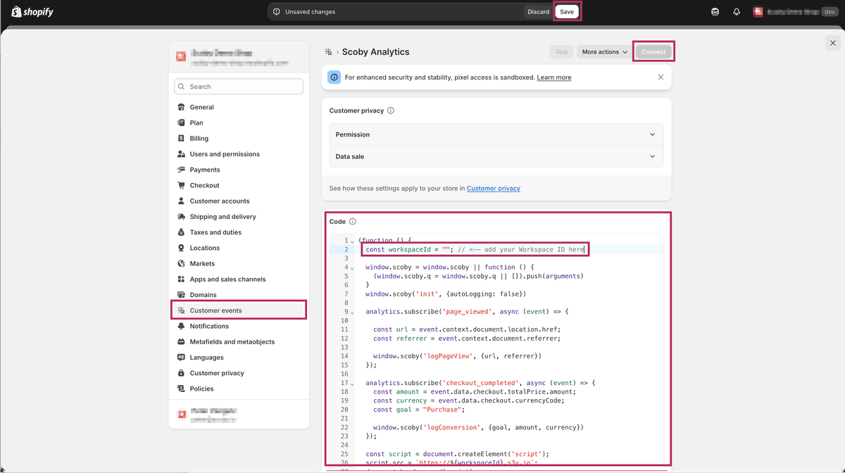 Save and connect your new Scoby Analytics pixel
