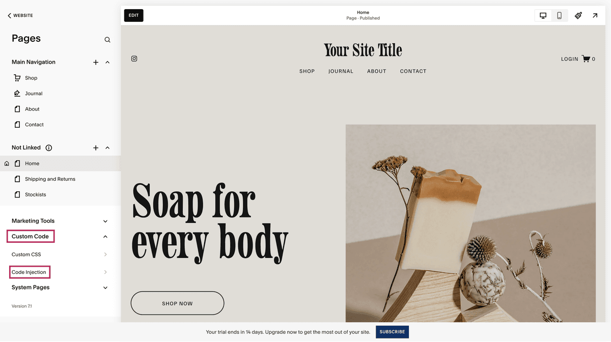 Paste the Scoby Analytics snippet into the Header field