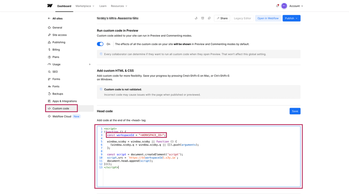 Paste the Scoby Analytics snippet into the Webflow Head Code field