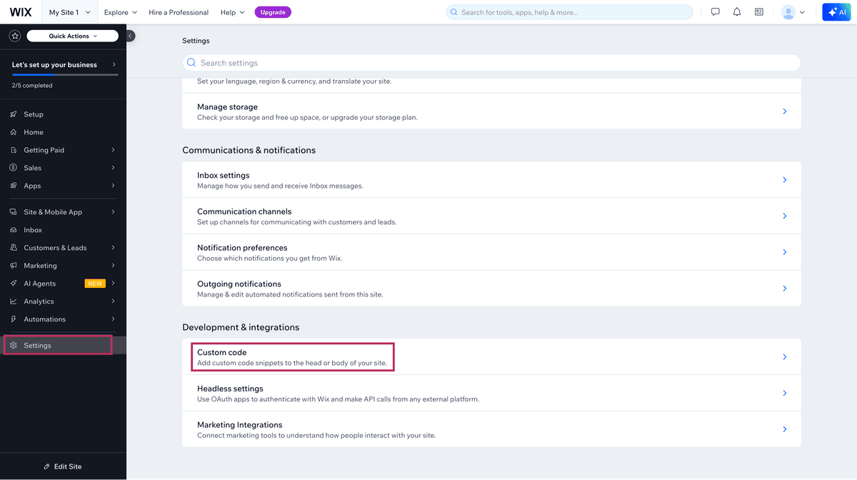 Open Custom Code in Wix Site Settings