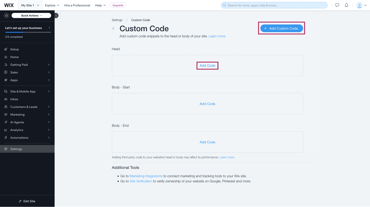 Add Custom Code in Wix Site Settings