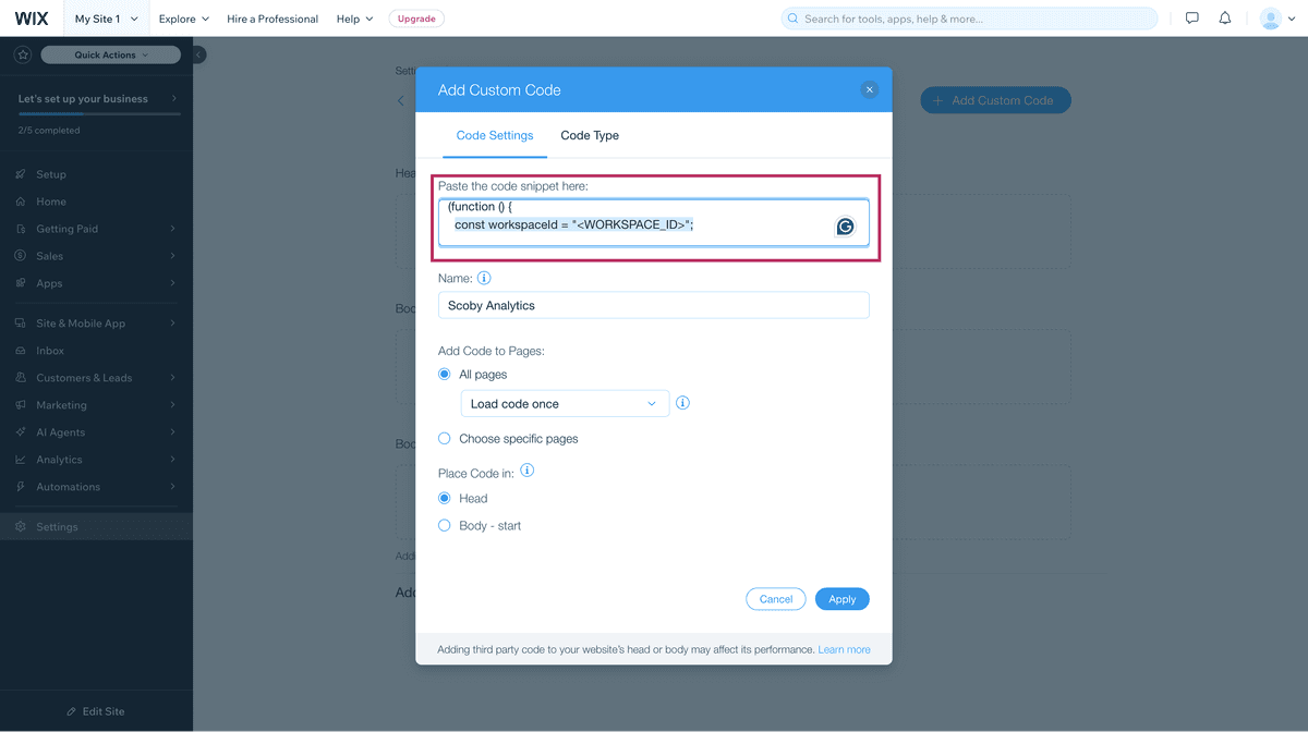 Open Custom Code in Wix Site Settings